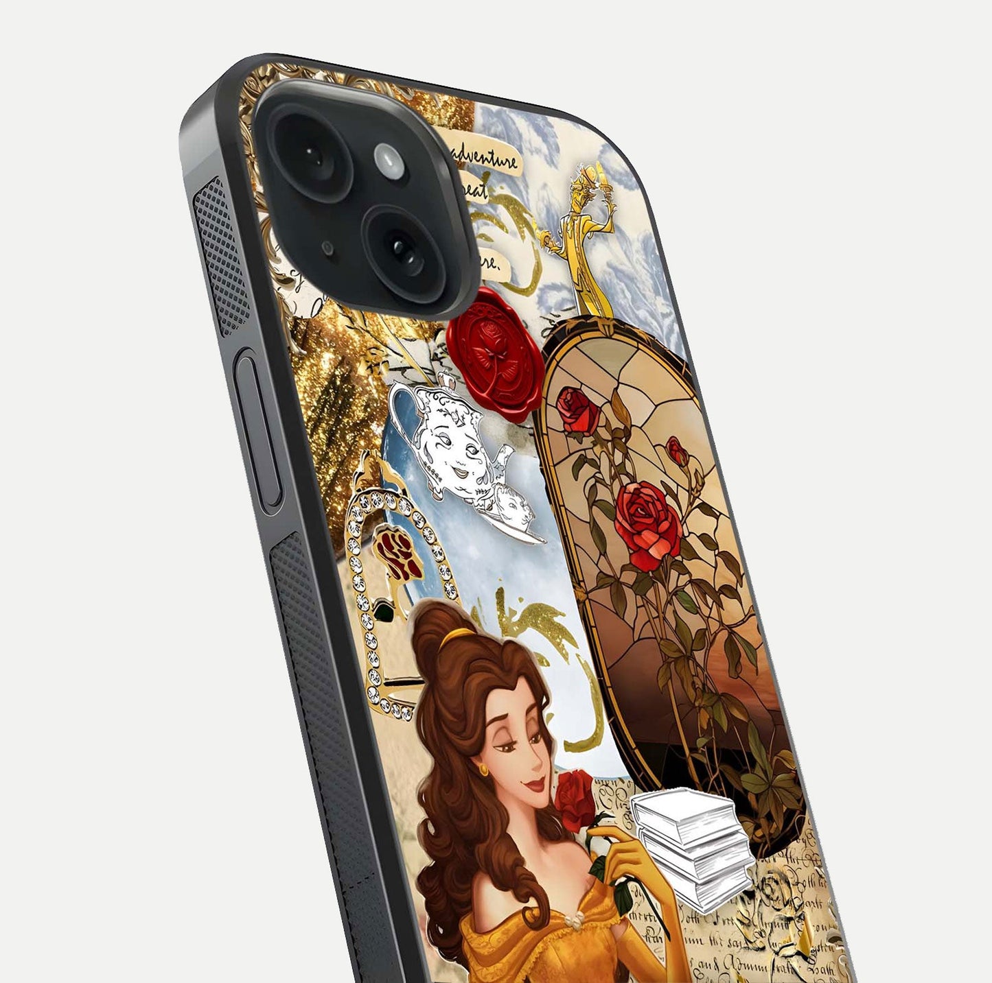 Golden Dream Belle Glass Case for iPhone 15 close-up angled shot showing gradient tones and reflection polish