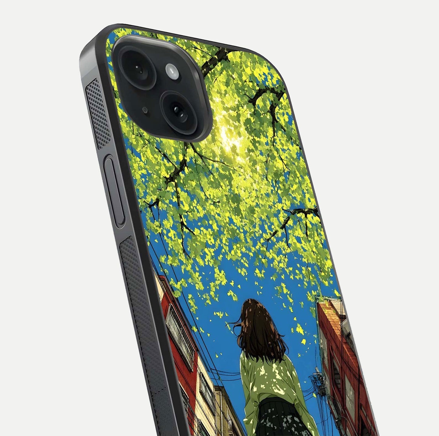 Golden Leaves Glow Glass Case for iPhone 15 close-up angled shot showing fine leaf texture and reflection shine