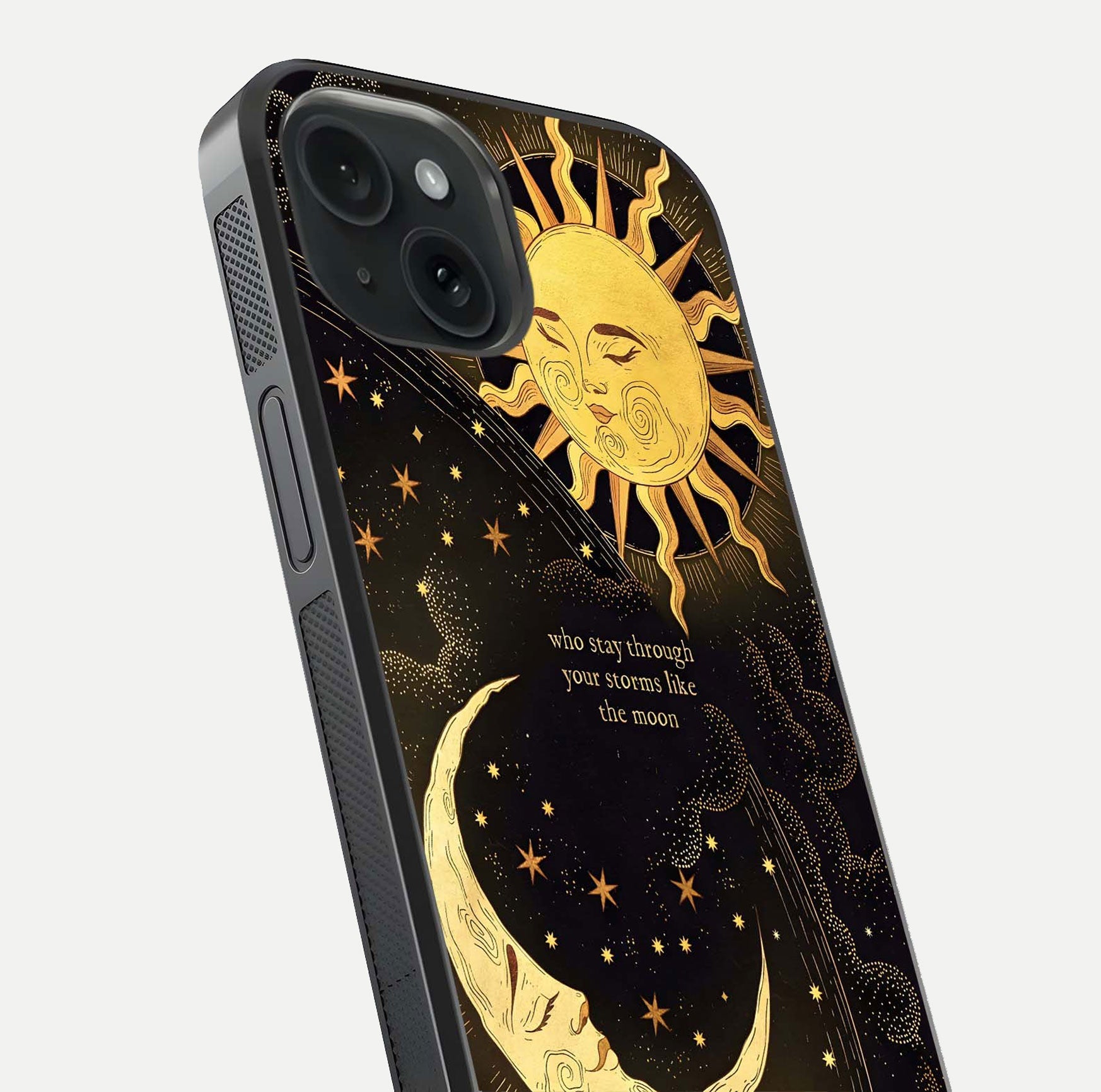 Golden Lunar Love Glass Case for iPhone 15 close-up angled shot showing moon glow, texture, and reflection polish