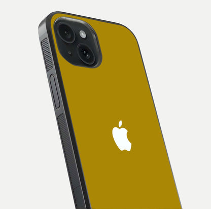 Golden Luxe Aura Glass Case for iPhone 15 close-up angled shot showing metallic shine and light reflection
