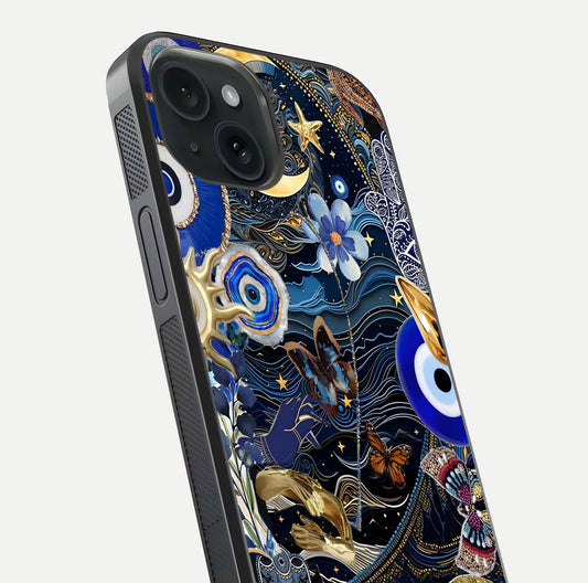 Golden Moon Magic Glass Case for iPhone 15 close-up angled shot showing lunar glow, star detail, and reflection brightness