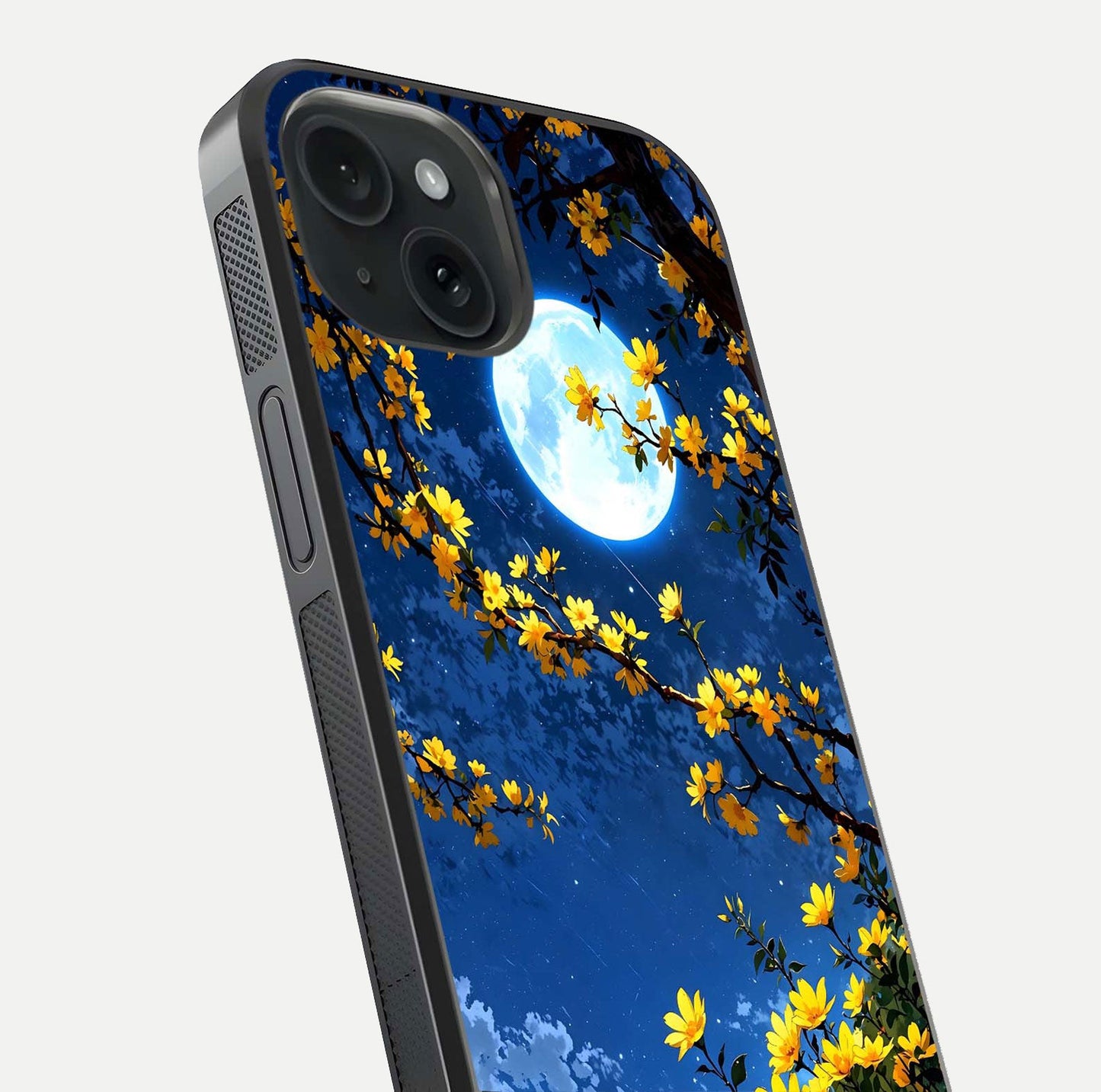 Golden Night Glow Glass Case for iPhone 15 close-up angled shot showing shimmer texture and light reflection