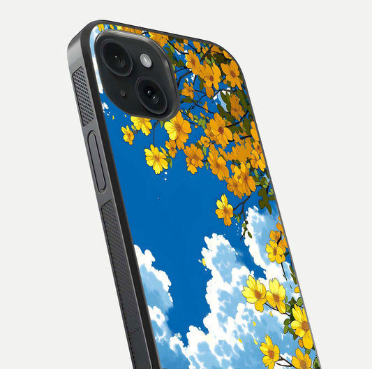 Golden Petal Sky Glass Case for iPhone 15 close-up angled shot showing petal texture and shine reflection