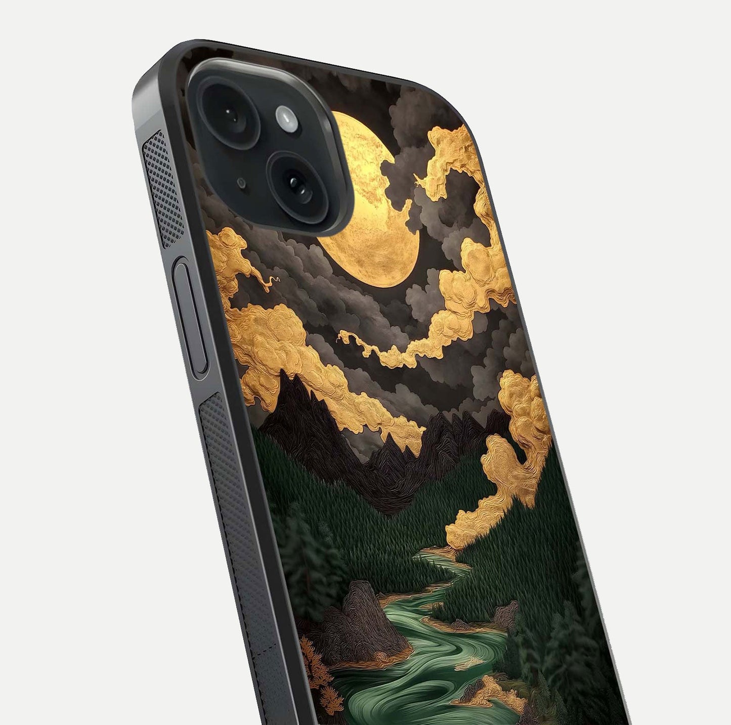 Golden River Moon Glass Case for iPhone 15 close-up angled shot showing moon reflection and water shine