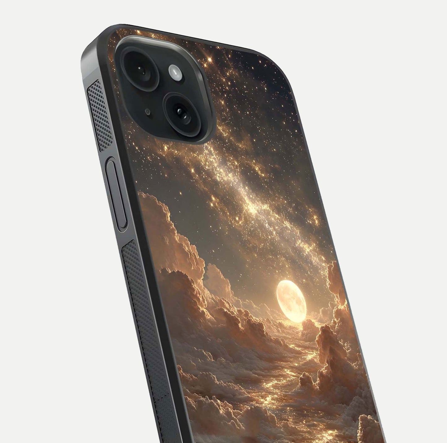 Golden Sky Dream Glass Case for iPhone 15 close-up angled shot showing gradient tones and reflection polish