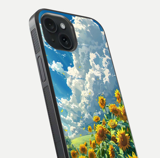 Golden Sun Glory Glass Case for iPhone 15 close-up angled shot showing sunlight reflection and gold detailing