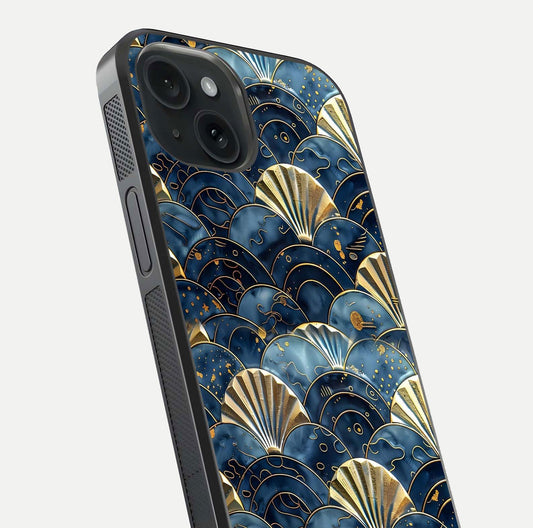 Golden Wave Luxe Glass Case for iPhone 15 close-up angled shot showing flowing wave texture and reflection brightness