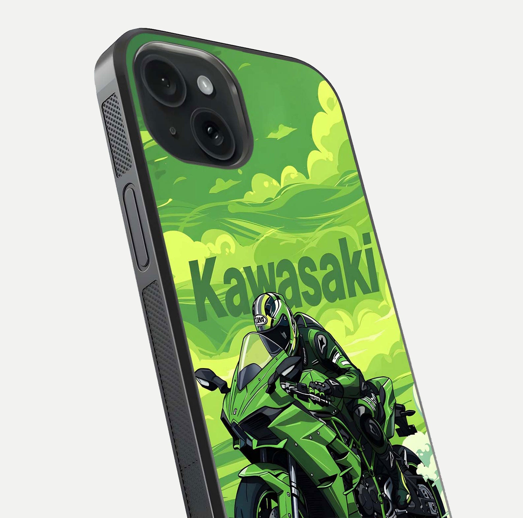 Green Kawasaki Glass Case for iPhone 15 close-up angled shot showing sporty line details and reflection shine