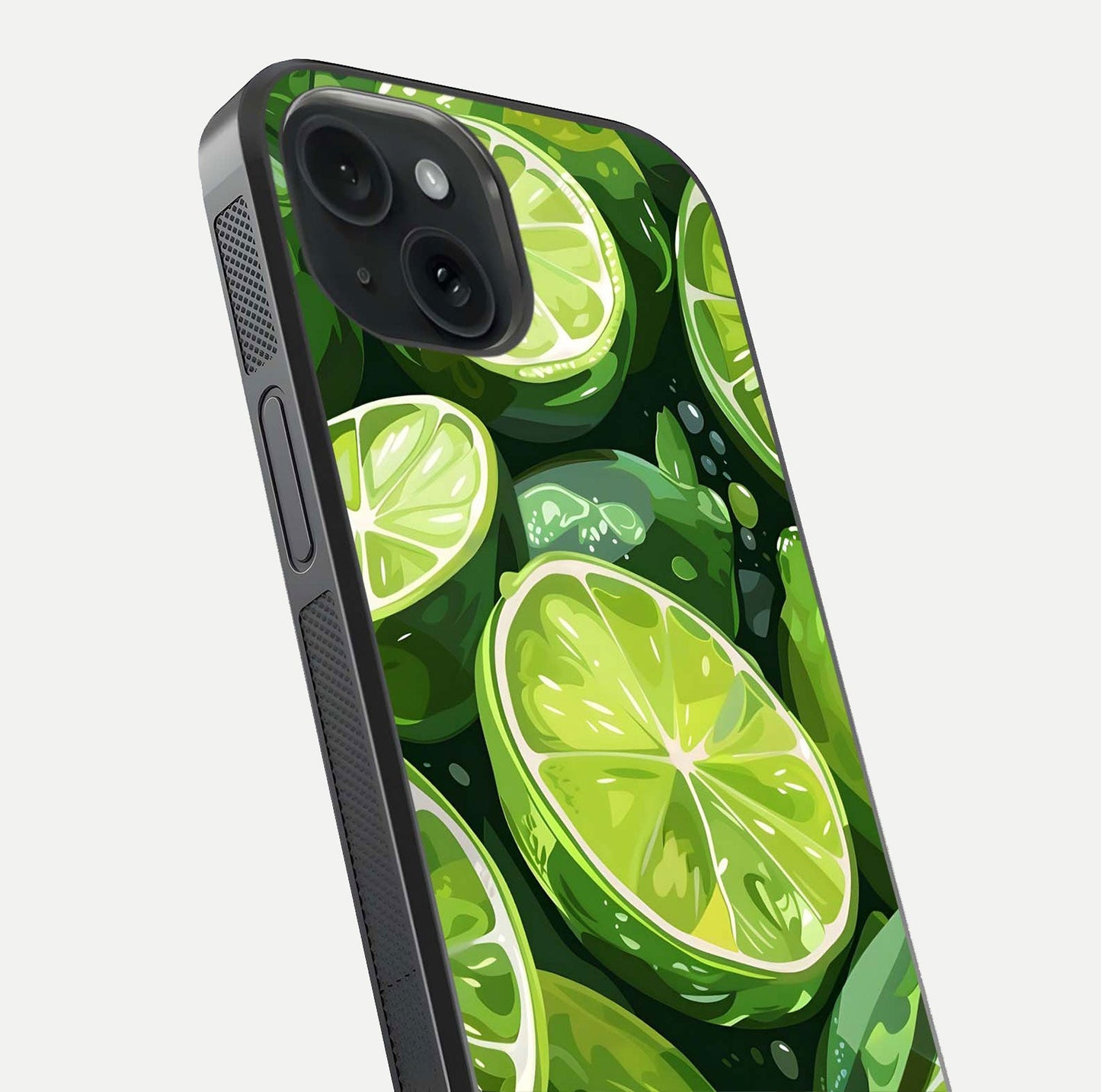 Green Lemon Glass Case for iPhone 15 close-up angled shot showing lemon slice texture and reflection brightness