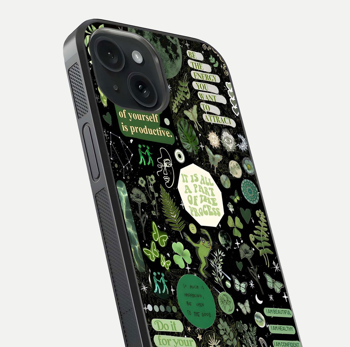 Green Moon Energy Glass Case for iPhone 15 close-up angled shot showing glowing lunar detail and reflection shine