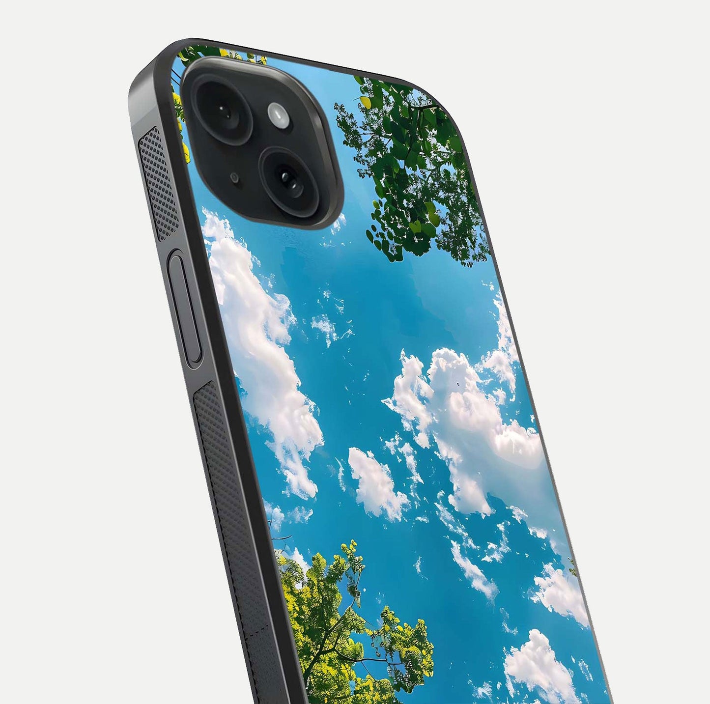 Greenery Sky Glass Case for iPhone 15 close-up angled shot showing leafy tones and reflection brightness