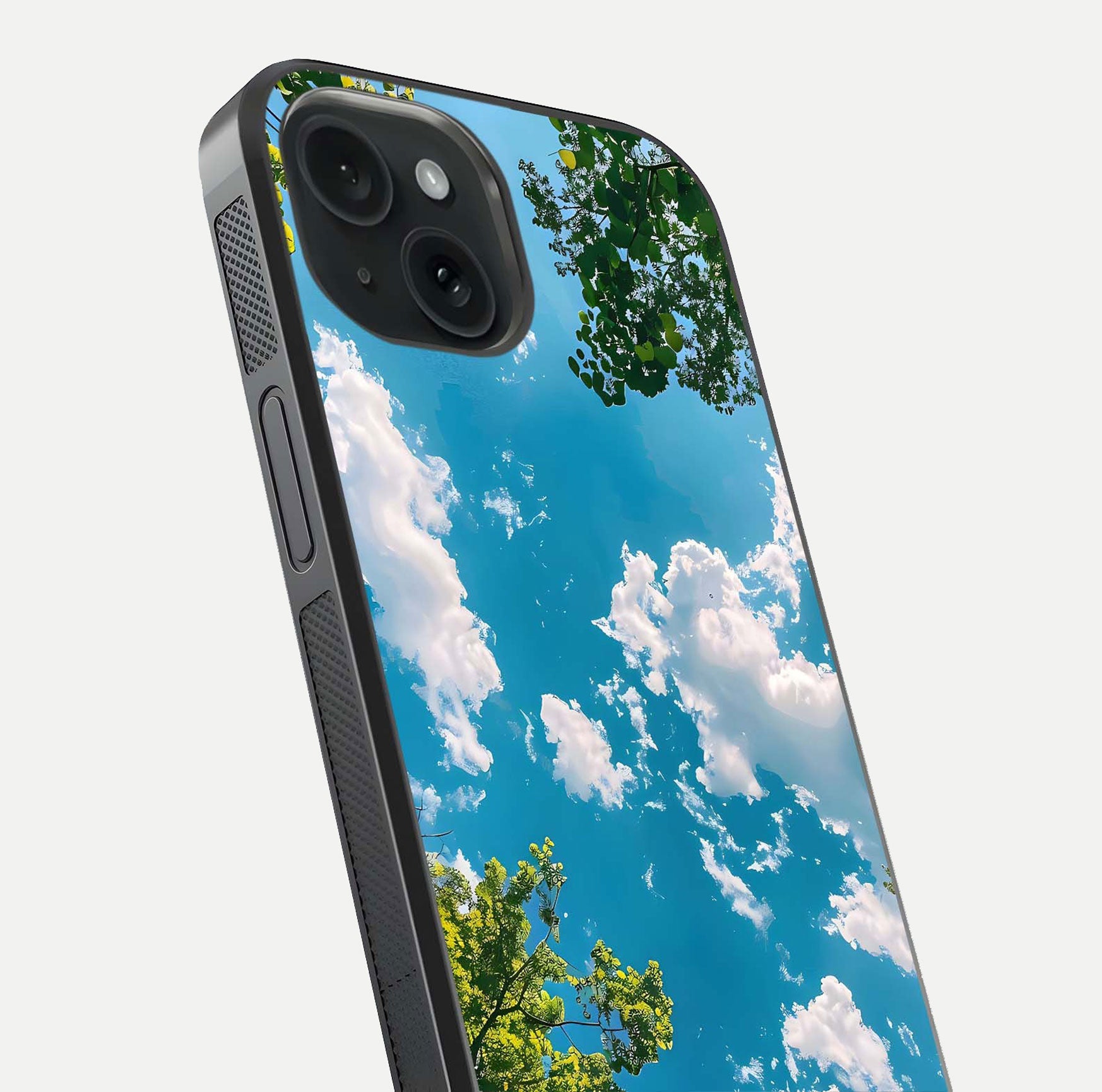Greenery Sky Glass Case for iPhone 15 close-up angled shot showing leafy tones and reflection brightness