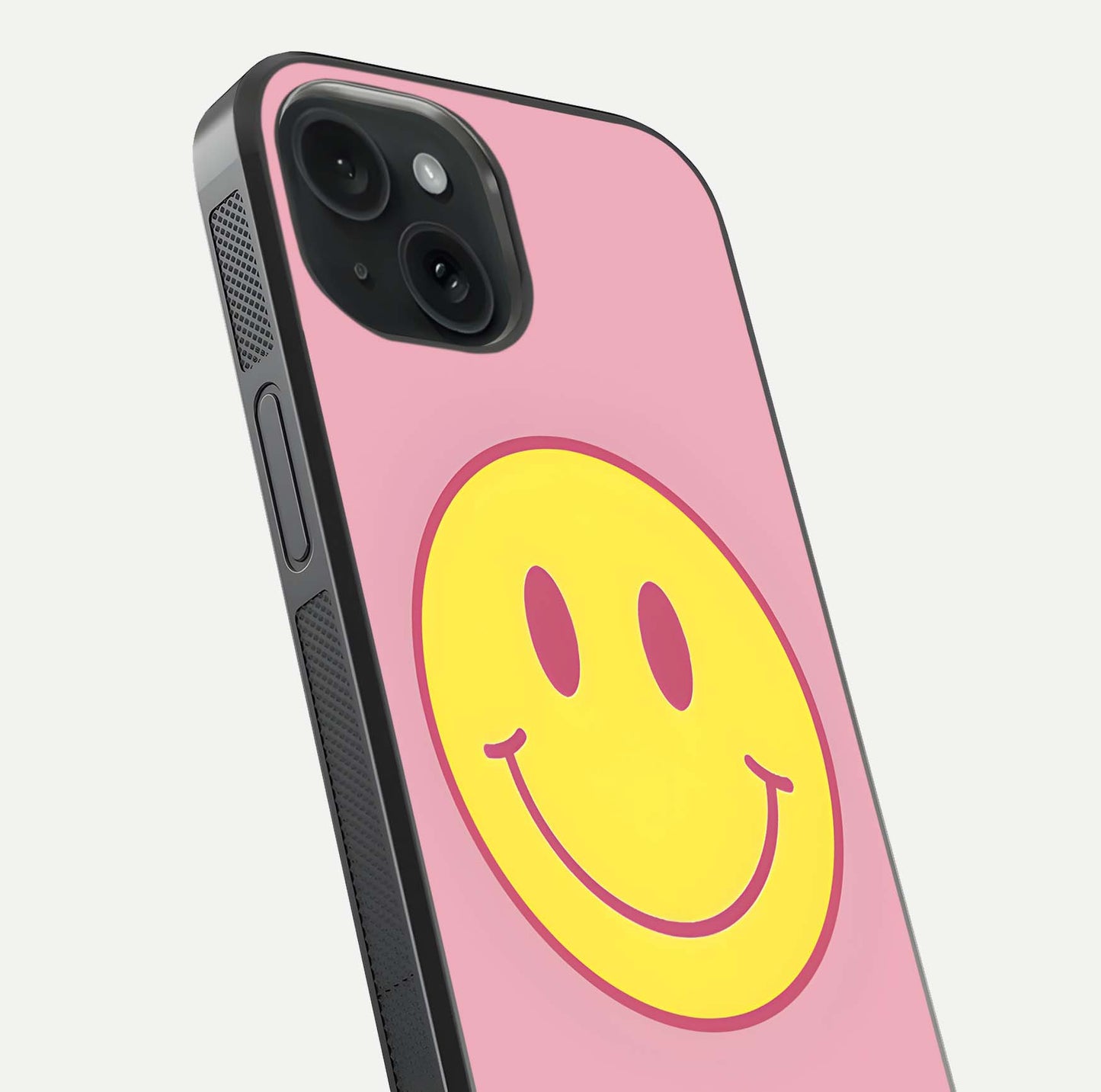 Happy Pink Mood iPhone 15  glass phone case angled back view highlighting bright pink artwork and side grip texture