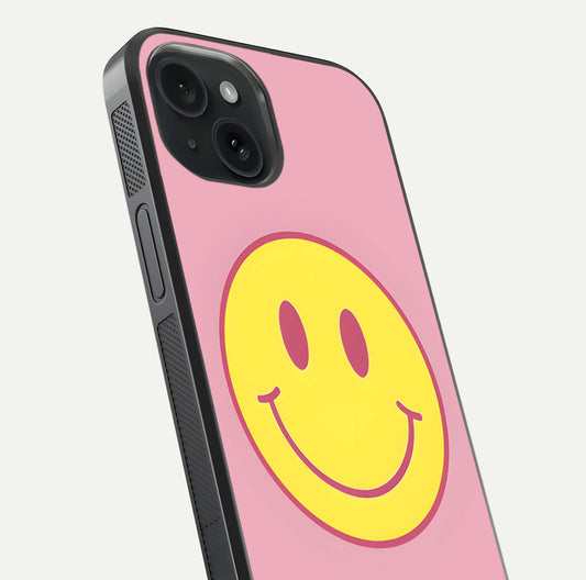 Happy Pink Mood iPhone 15  glass phone case angled back view highlighting bright pink artwork and side grip texture