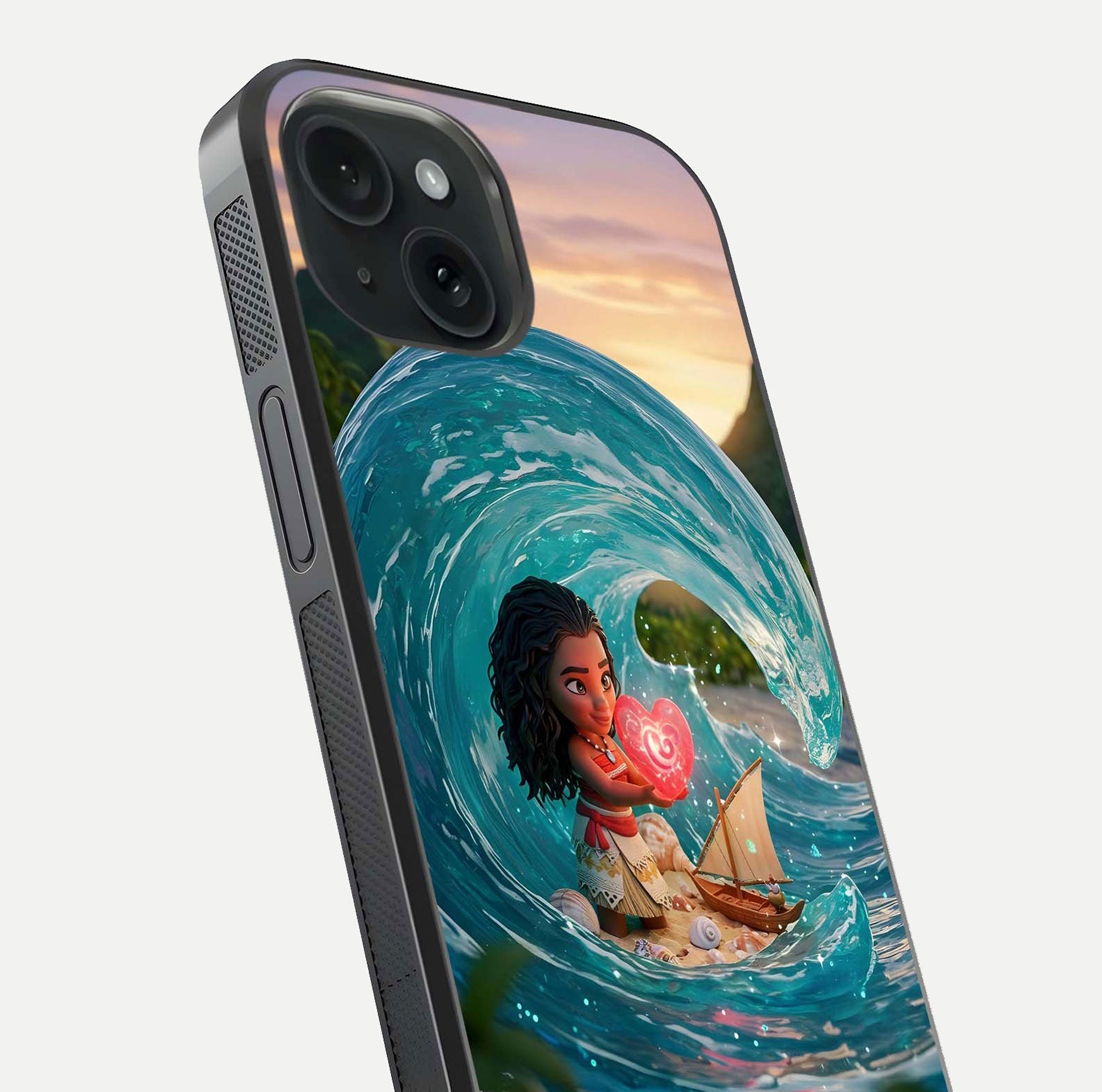 Heart of Ocean Glass Case for iPhone 15 close-up angled shot showing blue tones and reflection shine
