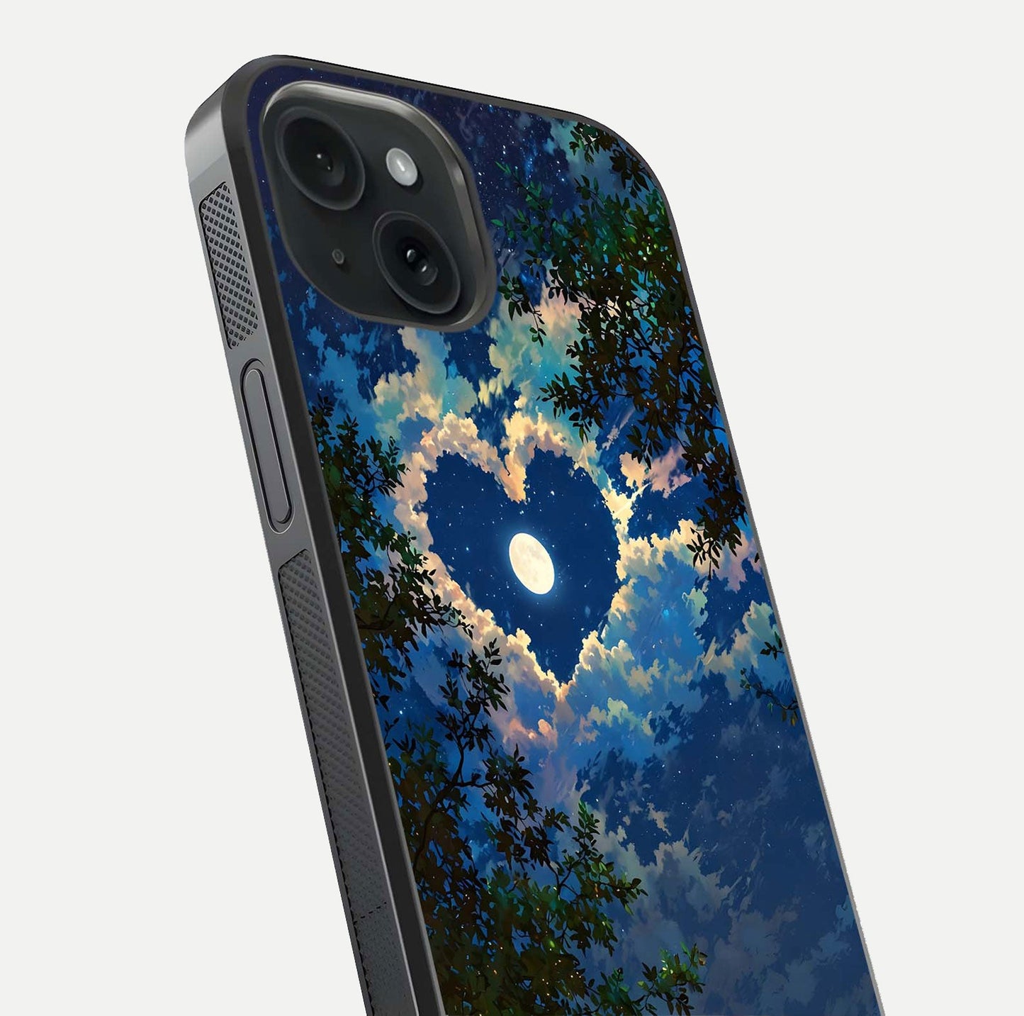 Heart with Moon Sky Glass Case for iPhone 15 close-up angled shot showing lunar reflection and shine detail