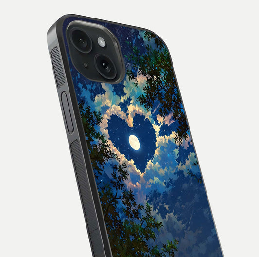 Heart with Moon Sky Glass Case for iPhone 15 close-up angled shot showing lunar reflection and shine detail
