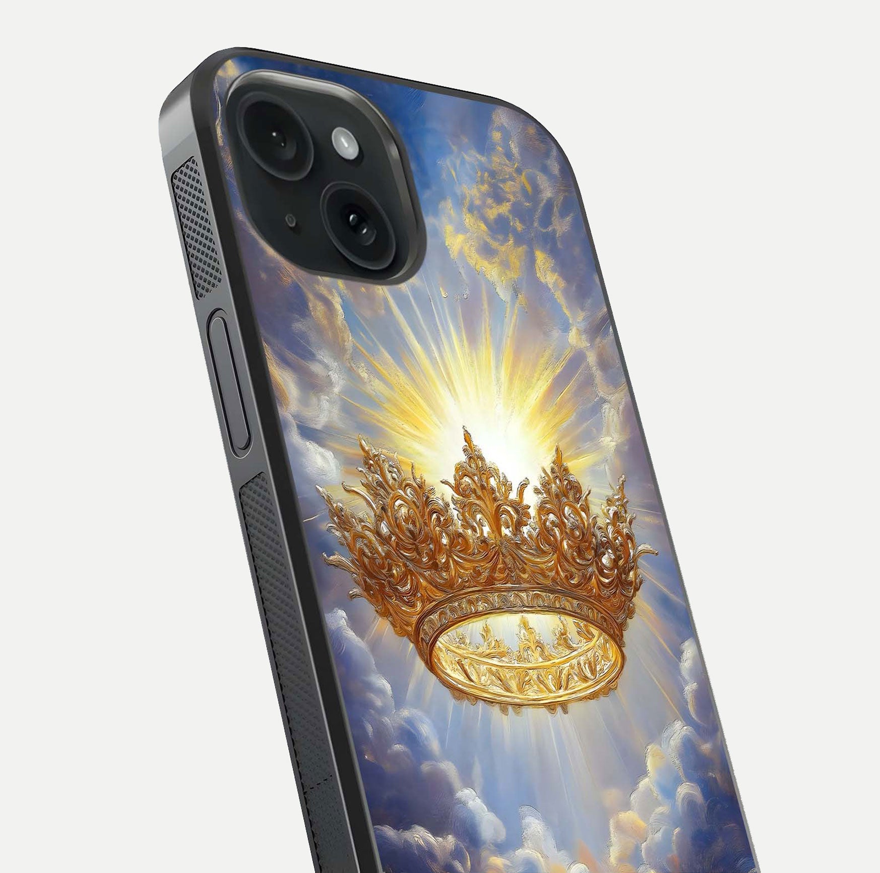 Heavenly Crown Light Glass Case for iPhone 15 close-up angled shot showing glowing halo details and smooth reflection