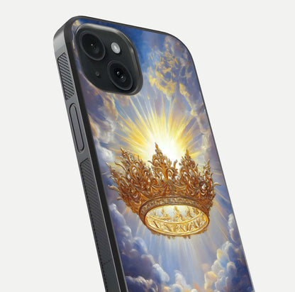 Heavenly Crown Light Glass Case for iPhone 15 close-up angled shot showing glowing halo details and smooth reflection