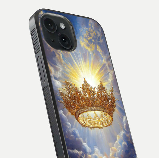Heavenly Crown Light Glass Case for iPhone 15 close-up angled shot showing glowing halo details and smooth reflection