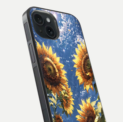 Heavenly Sunflower Rise Glass Case for iPhone 15 close-up angled shot showing sunflower texture and reflection polish