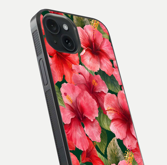 Hibiscus Pattern Glass Case for iPhone 15 close-up angled shot showing flower details and gloss reflection