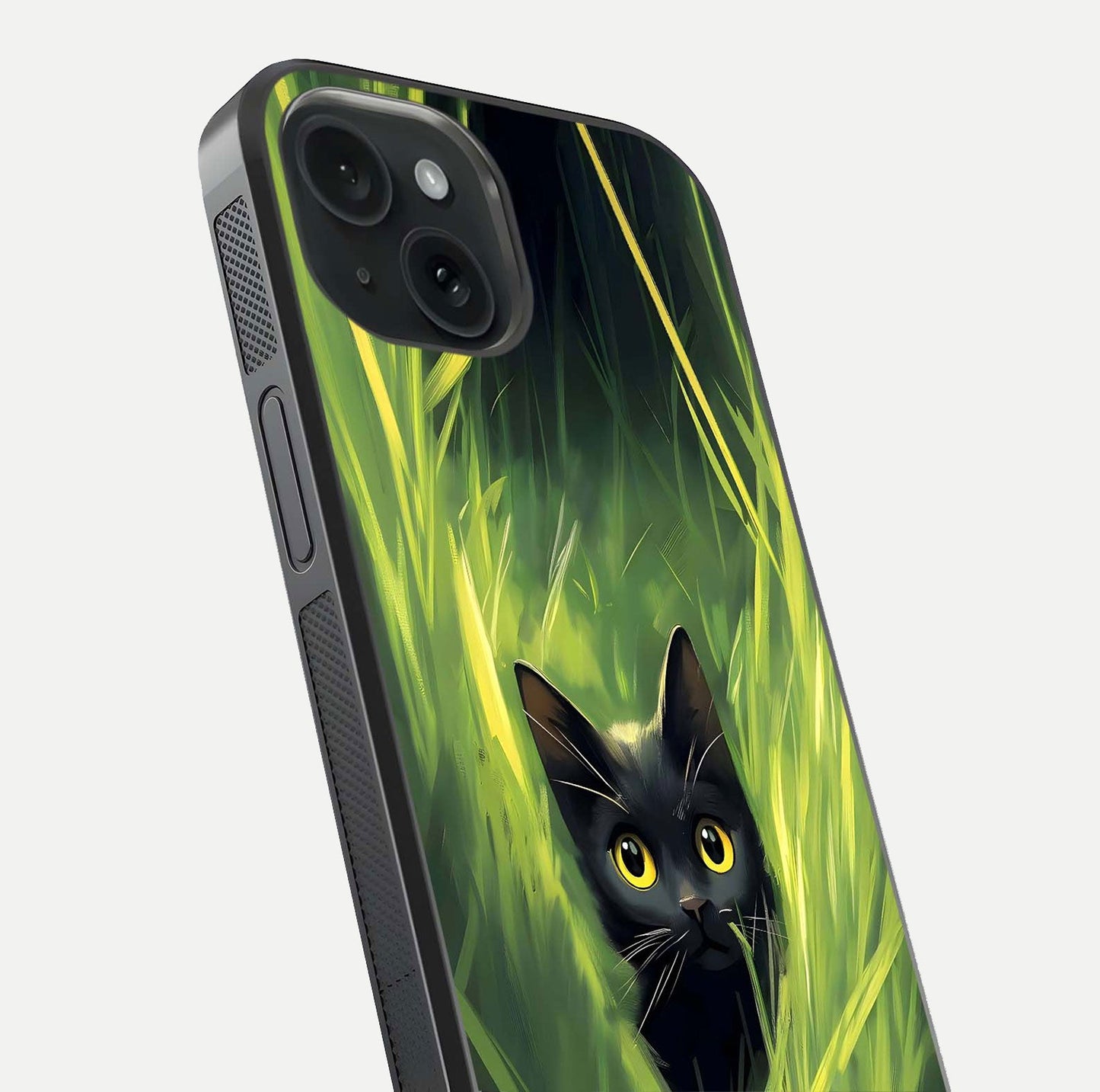 Hidden Cat Whisper Glass Case for iPhone 15 close-up angled shot showing feline details and reflection polish