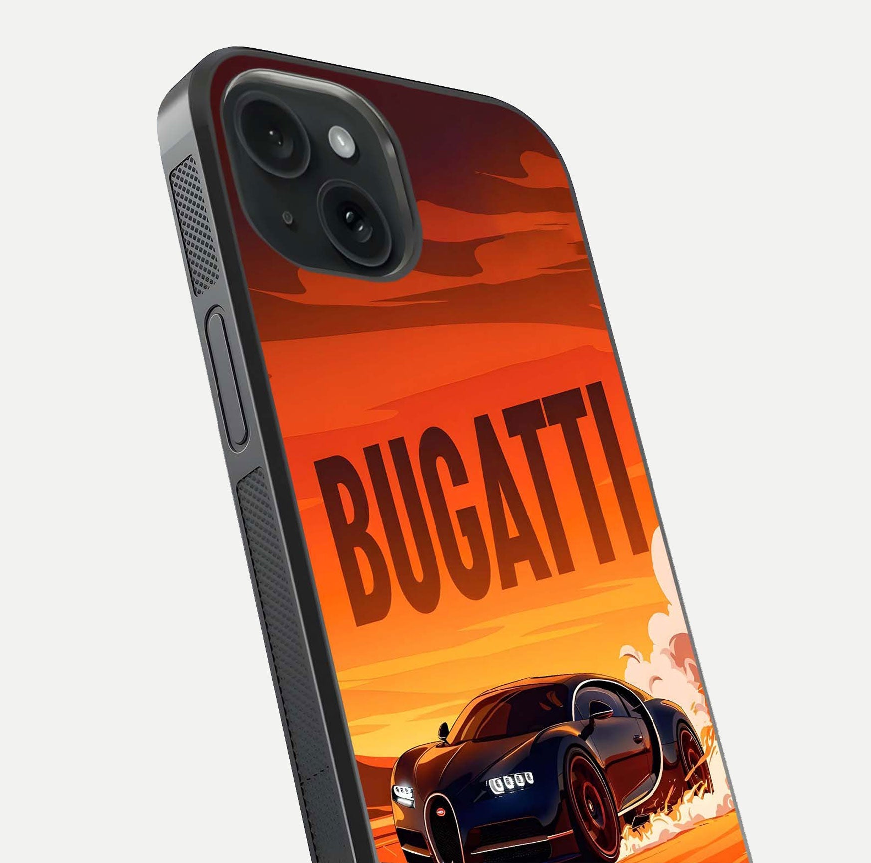 Inferno Bugatti Storm Glass Case for iPhone 15 close-up angled shot showing flame details and reflection shine
