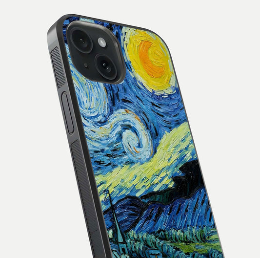 Inspired Van Gogh Art Glass Case for iPhone 15 close-up angled shot showing brushstroke texture and shine detail