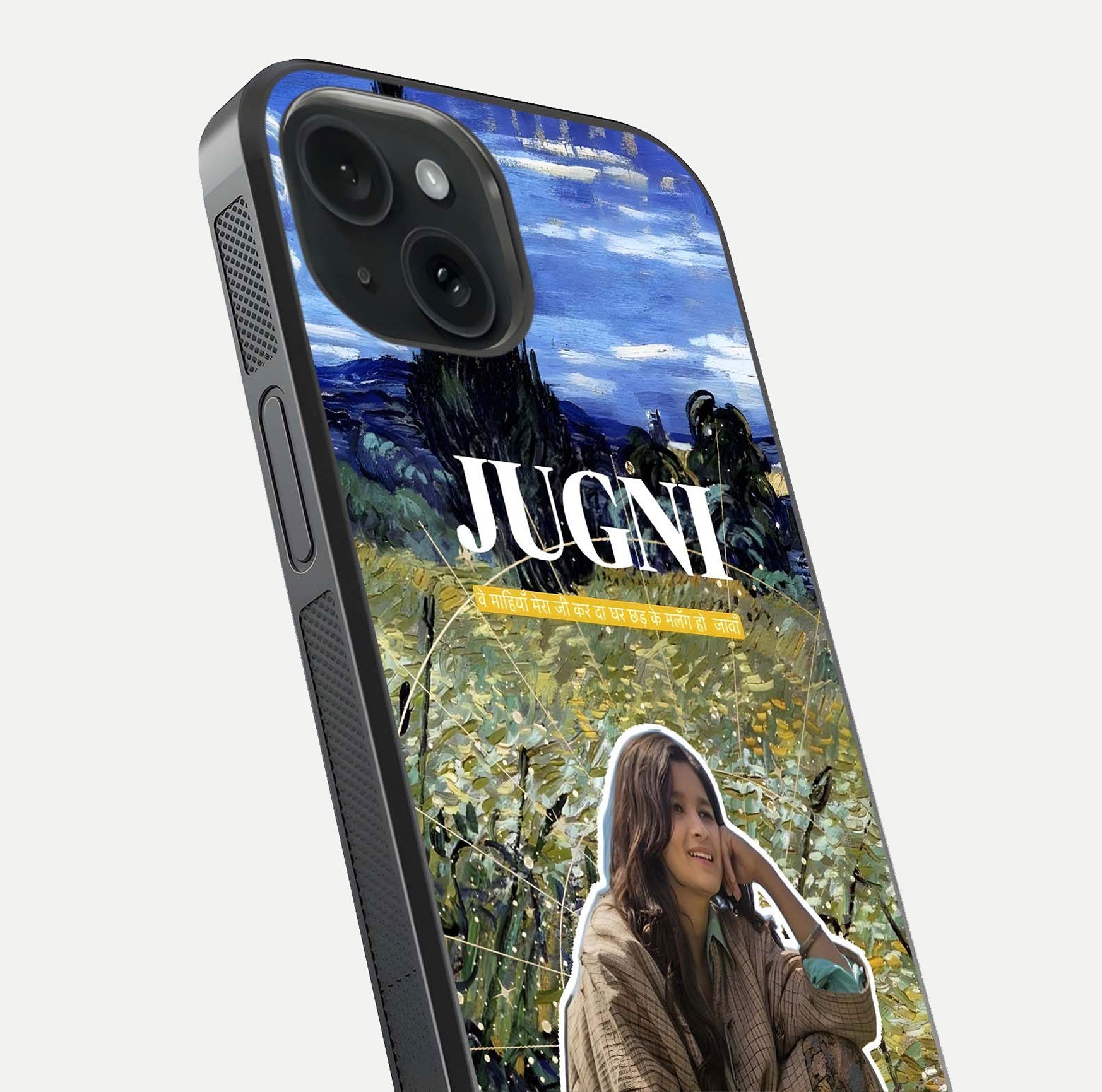 Jugni Soul Vibes Glass Case for iPhone 15 close-up angled shot showing typography detail and vibrant gloss reflection
