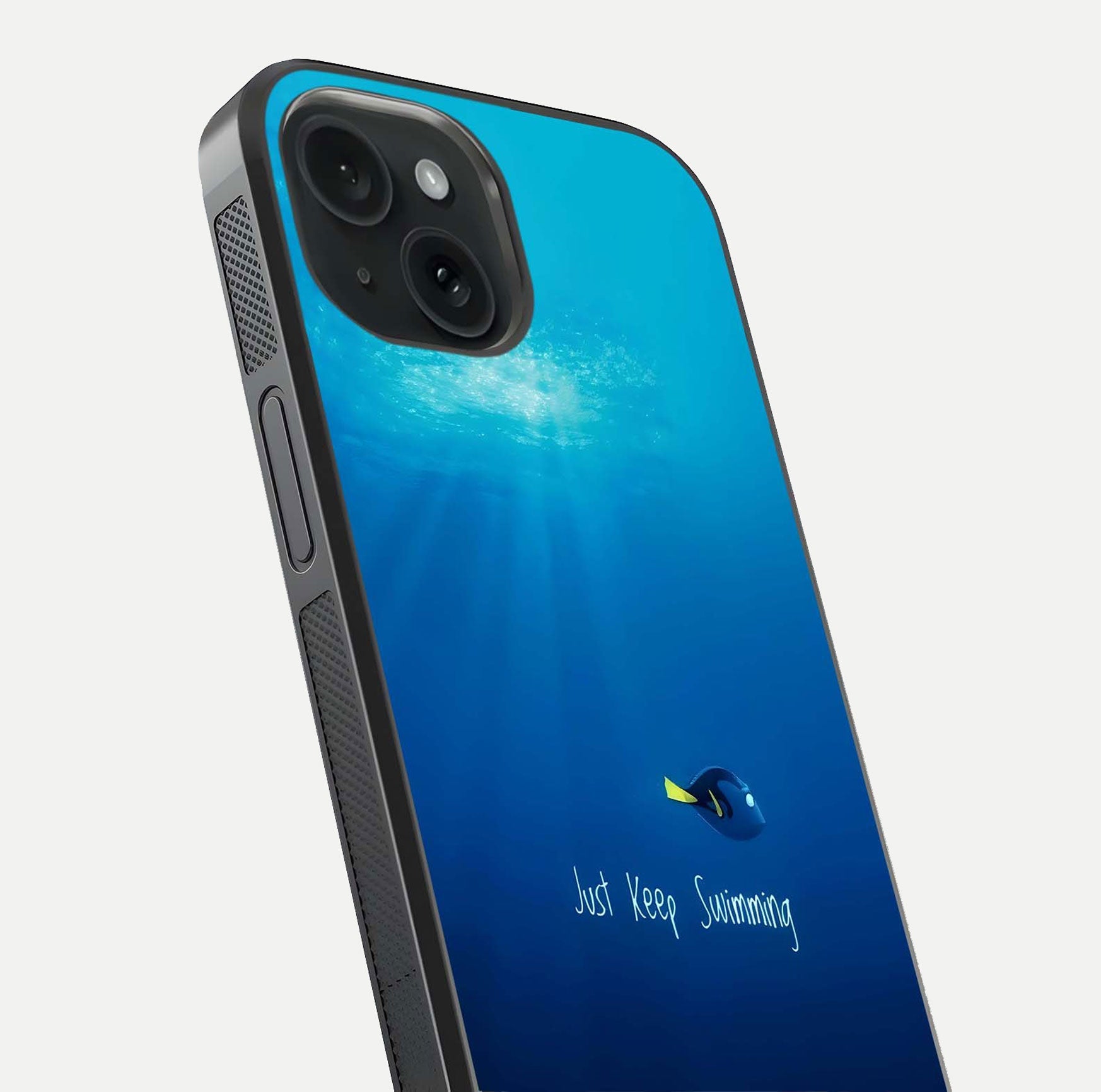 Just Keep Swimming Glass Case for iPhone 15 close-up angled shot showing elegant lettering and blue tone reflection