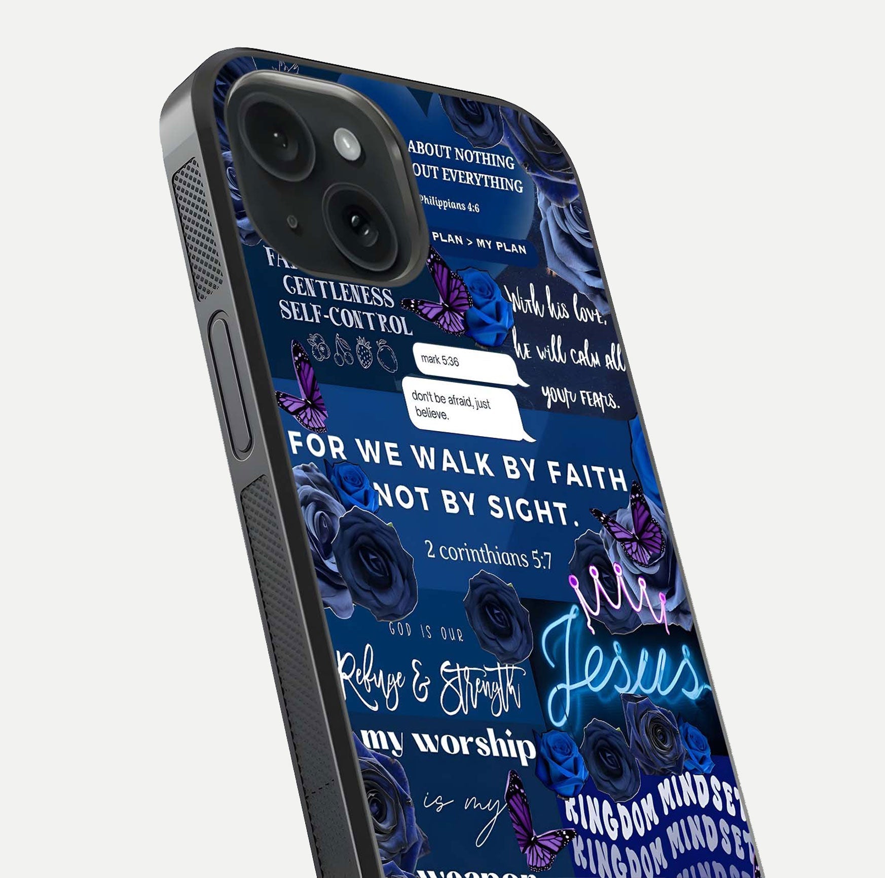Kingdom Faith Glow Glass Case for iPhone 15 close-up angled shot showing luminous text and divine reflection
