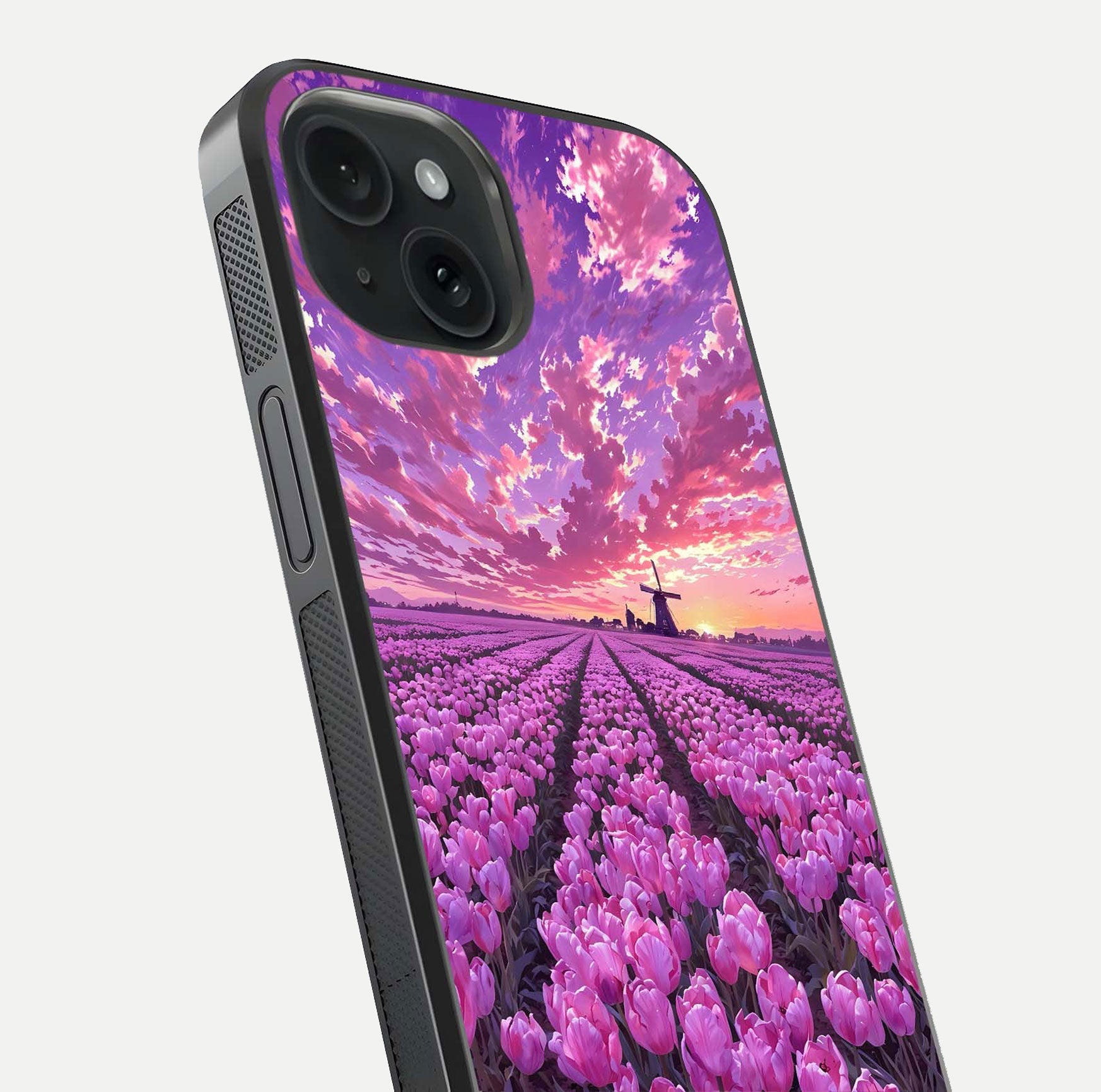 Lavender Dream Skies Glass Case for iPhone 15 close-up angled shot showing purple hues and soft reflection