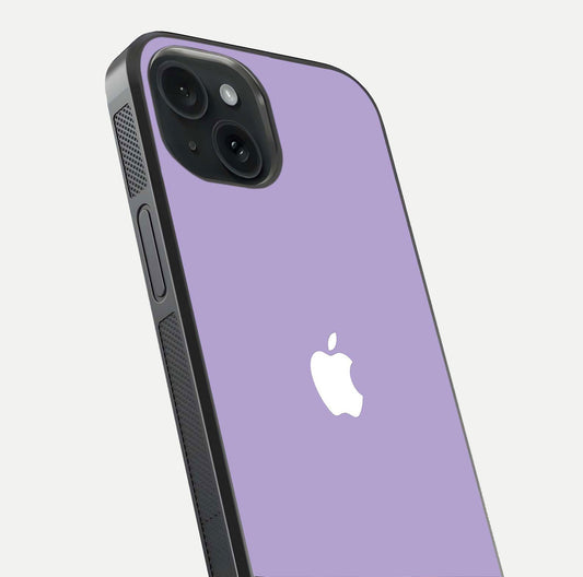 Lavender Soft Minimal Glass Case for iPhone 15 close-up angled shot showing clean color texture and shine