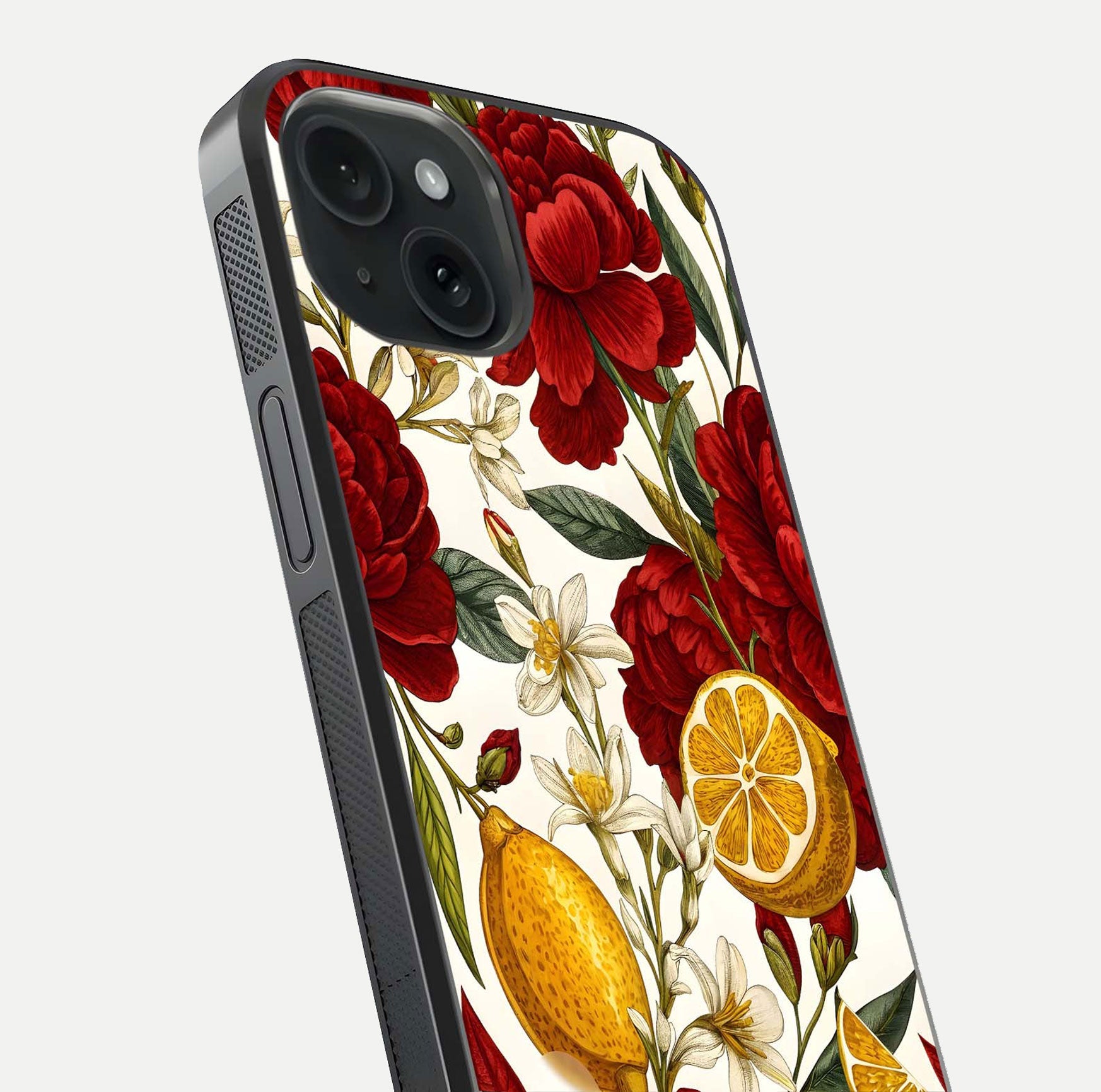 Lemon Rose Charm Glass Case for iPhone 15 angled close-up showing vivid rose details and HD glass reflection