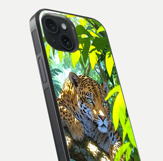 Leopard in Jungle Glass Case for iPhone 15 angled close-up showing fur texture and glossy shine reflection