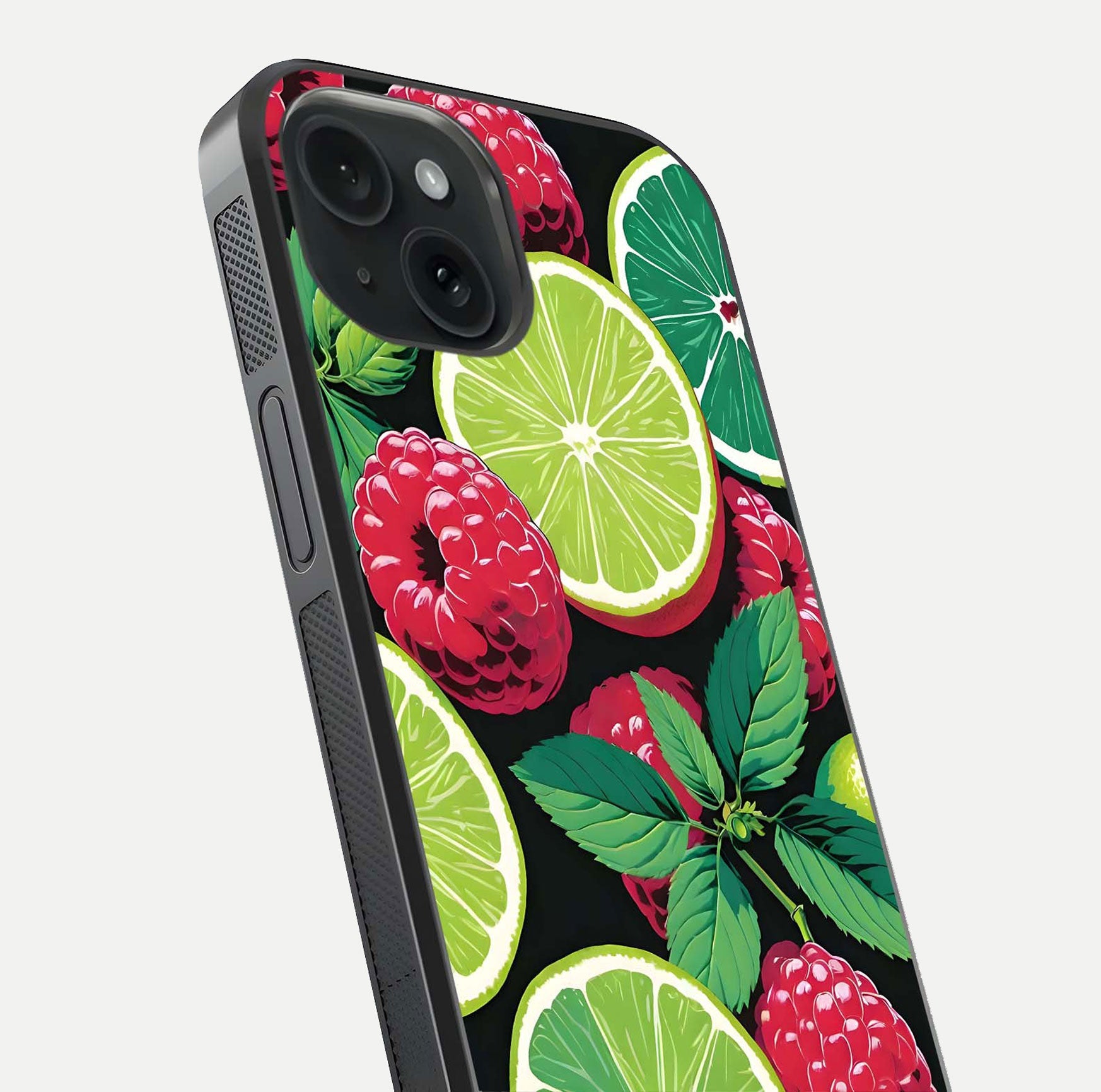 Lime and Raspberry Pattern Glass Case for iPhone 15 angled close-up showing fruit texture and reflection glow