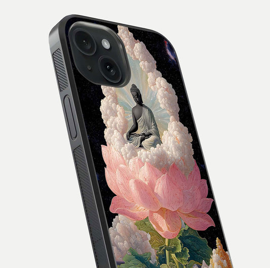 Lotus Divine Peace Glass Case for iPhone 15 angled close-up showing delicate petals and gloss reflection