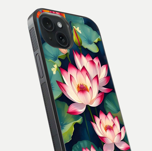 Lotus Dream Serenity Glass Case for iPhone 15 close-up angled shot showing floral details and soft shine
