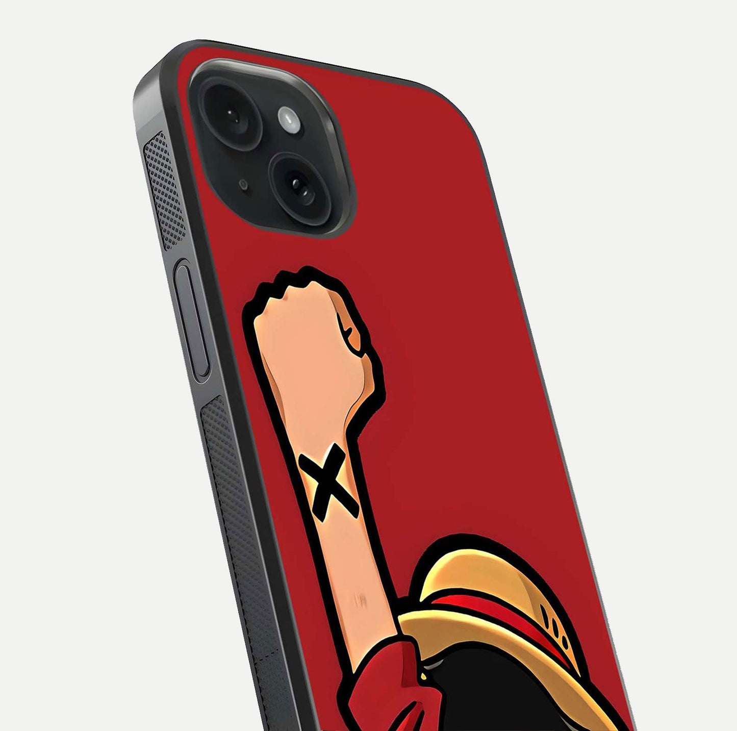 Luffy X Spirit Glass Case for iPhone 15 close-up angled shot showing character detailing and gloss texture