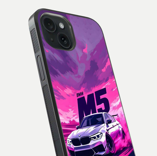 MS Neon Car Glass Case for iPhone 15 close-up angled shot showing vivid neon reflections and shine