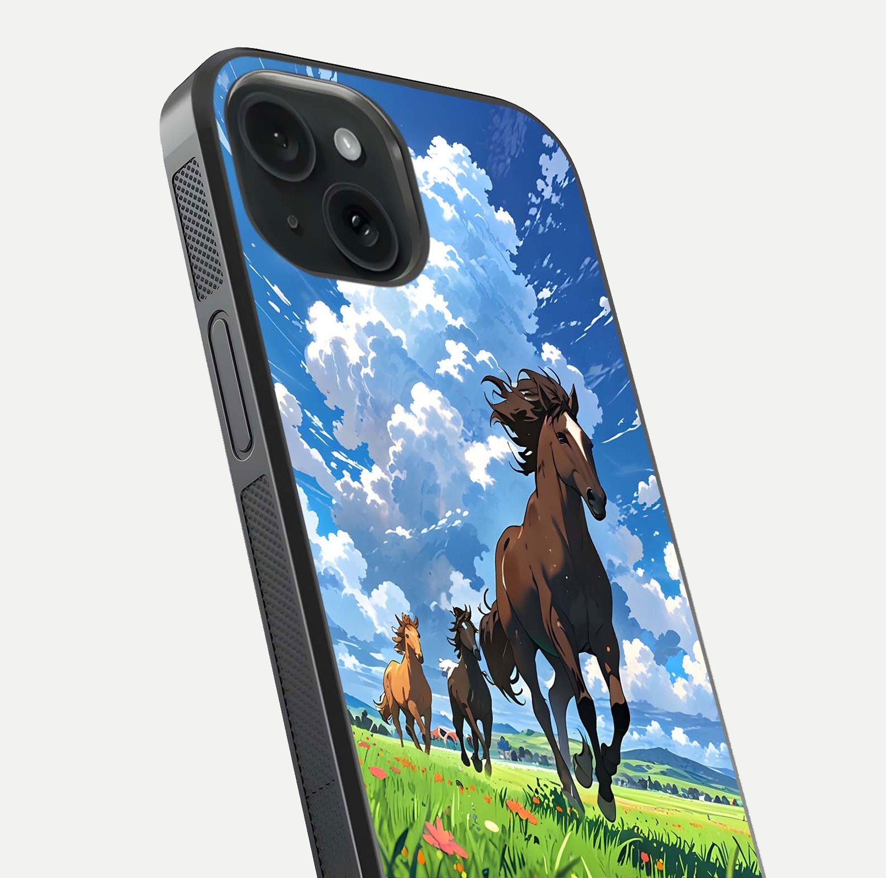 Majestic Horses Galloping Glass Case for iPhone 15 close-up angled shot showing horse motion and reflection