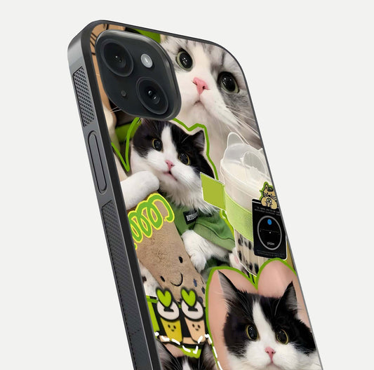 Matcha Cats Mood Glass Case for iPhone 15 close-up angled shot showing adorable cat art and reflection detail