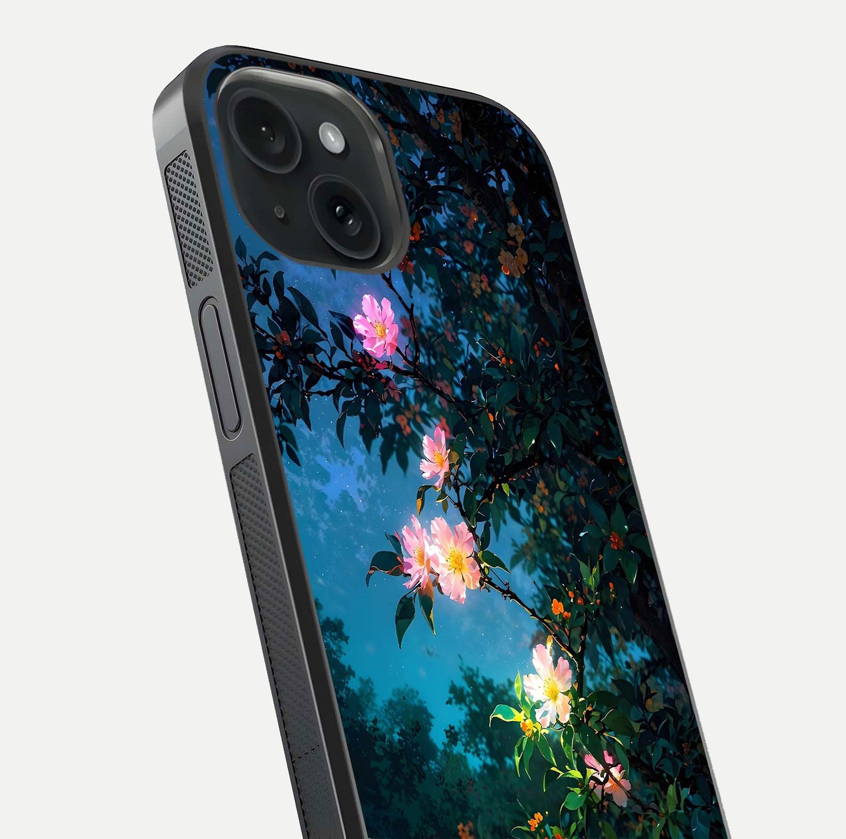 Midnight Bloom Glow Glass Case for iPhone 15 close-up angled shot showing petal highlights and glow reflection