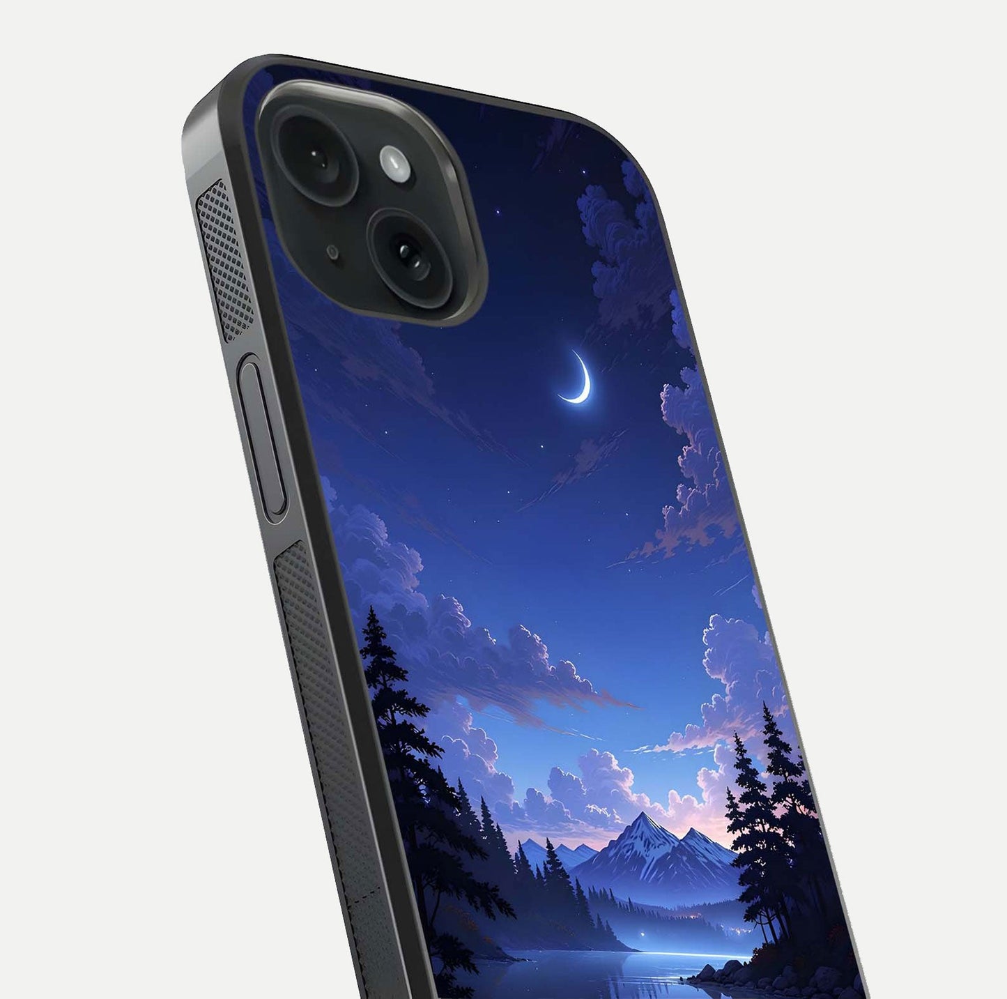 Midnight Lake Peace Glass Case for iPhone 15 close-up angled shot showing blue night tones and reflection