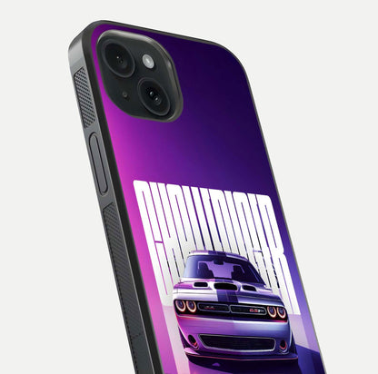 Midnight Muscle Ride Glass Case for iPhone 15 close-up angled shot showing HD reflections and car details