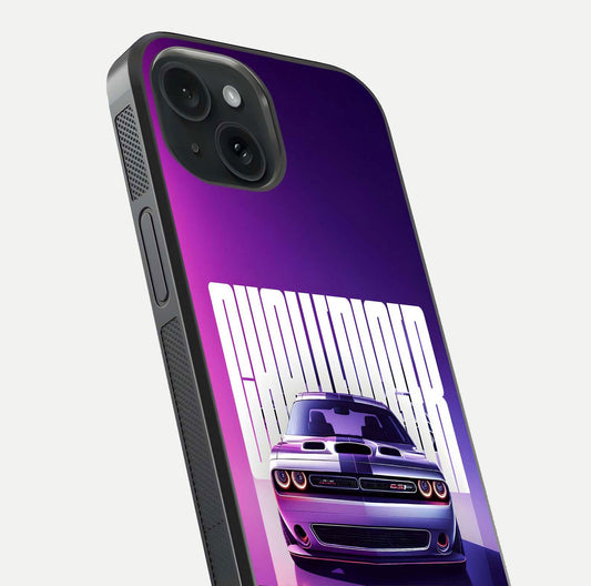 Midnight Muscle Ride Glass Case for iPhone 15 close-up angled shot showing HD reflections and car details