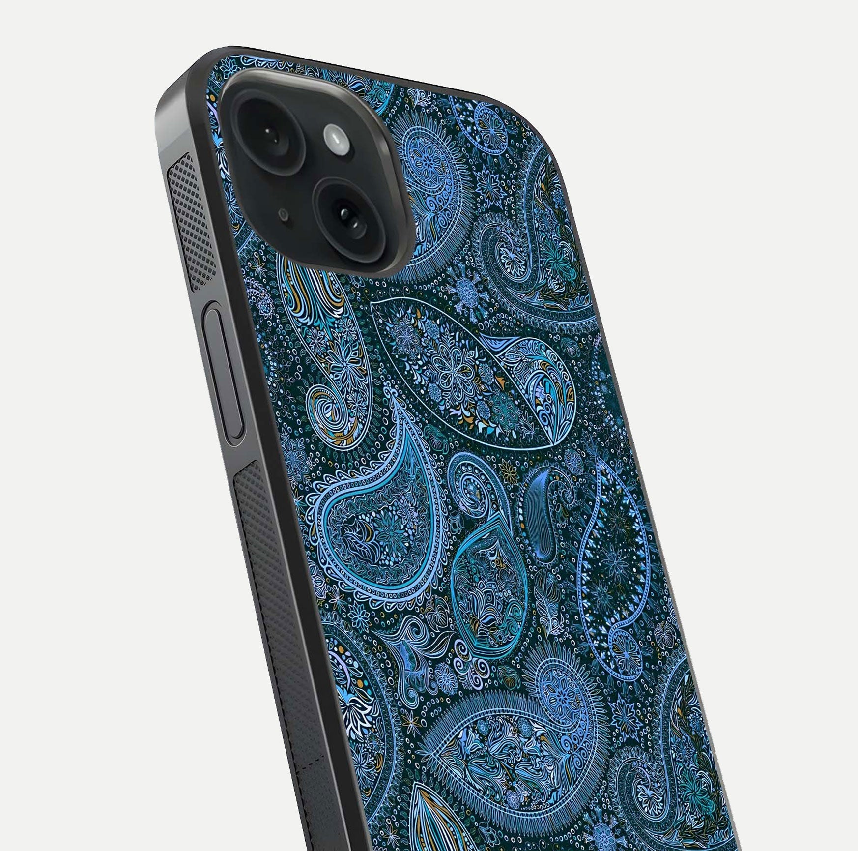 Midnight Paisley Glow Glass Case for iPhone 15 close-up angled shot showing floral details and gloss texture