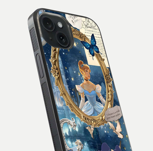Midnight Queen Glass Case for iPhone 15 close-up angled shot featuring crown motif and gloss reflection