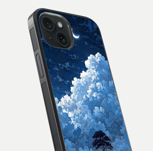 Midnight Sky Serenity Glass Case for iPhone 15 close-up angled shot showing starlit tones and reflection